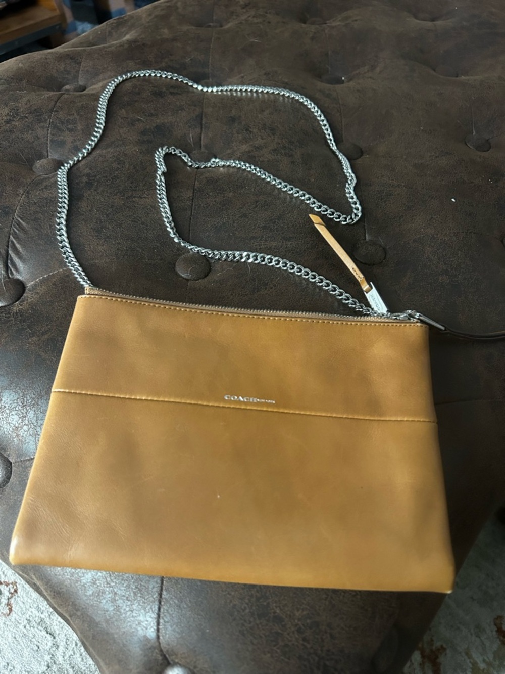Coach Tan Leather Crossbody with Silver Chain
